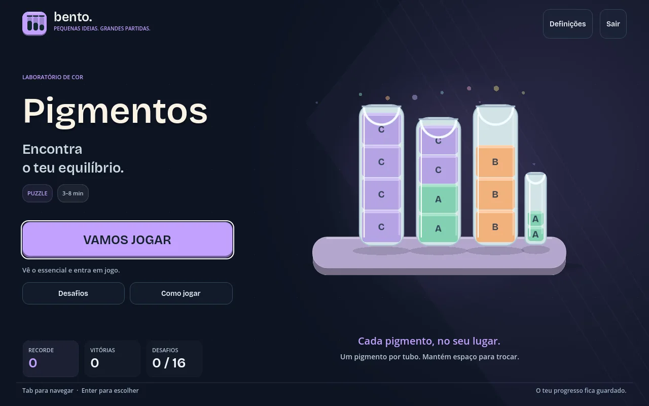 Ecrã inicial de Bento Pigmentos